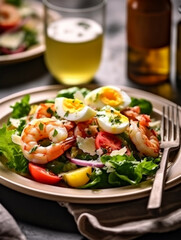 Fresh green salad with shrimp, lettuce and tomatoes. Ai generated