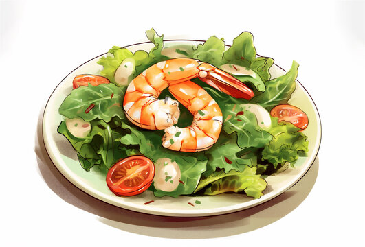 Illustration of a Cesar salad with shrimp and green lettuce, isolated on white background. Ai generated