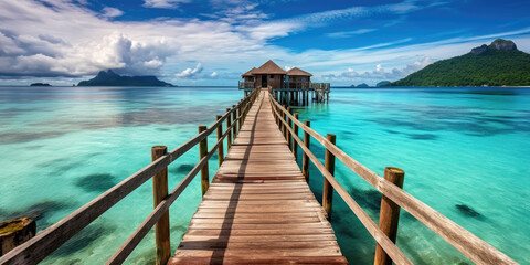 Wooden jetty that juts out into paradise tuquoise waters. Generative AI - obrazy, fototapety, plakaty