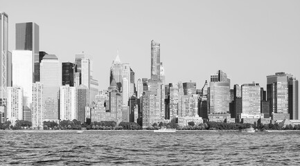 Black and white photo of New York City skyline, Manhattan, USA.