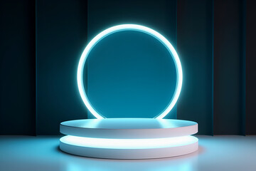 Generative AI. white podium in form of circle on blue neon background. mock up for exhibition, presentation of goods , product display
