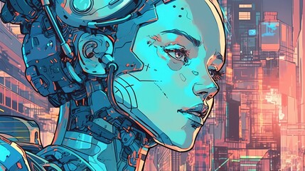 Cyborg with artificial intelligence . Fantasy concept , Illustration painting.