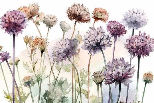 Generative AI, Watercolor background with Mattiola in purple colors. Card for invitation , holiday, birthday, wedding. printed products