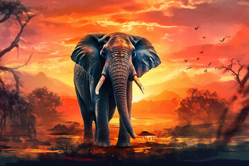Elephants in the wilderness, Sunset, freedom concept 