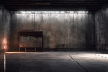 Dark basement with concrete walls and reflective cement floor and spot lighting in the back wall