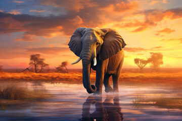 Elephants in the wilderness, Sunset, freedom concept 