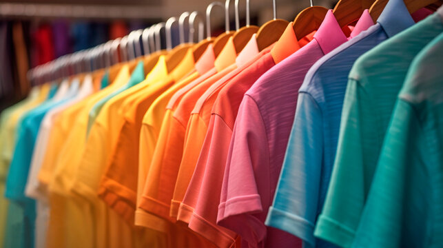 Men's collared T-shirts hanging on a rack in a clothing store. Men's clothing in vibrant  colors. Sale of casual clothing. Clear and illuminated image. Generative ai.