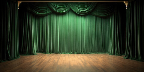 Green stage curtain on wooden floor. Generative AI
