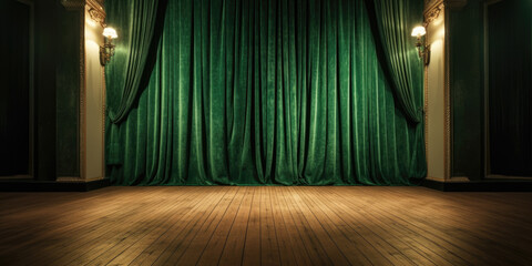 Green stage curtain on wooden floor. Generative AI