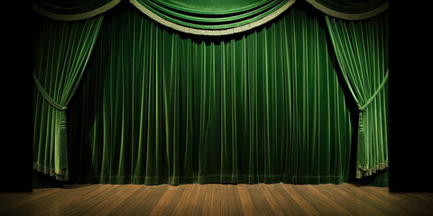 Green stage curtain on wooden floor. Generative AI