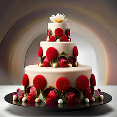 "Delicious cake adorned with floral decor on table, creating a stunning visual treat - a sweet indulgence."