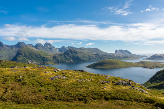 Beautiful landscape of the Lofoten Island from Ryten Mount,  Norway