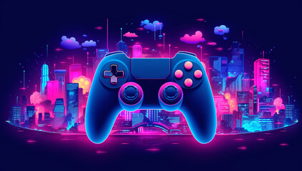 Modern gamepad on a purple city background