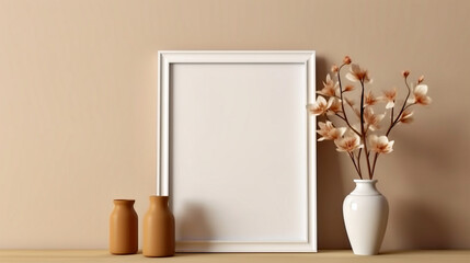 flowers in vase, Empty wooden picture frame mockup hanging on beige wall background. Modern interior concept.