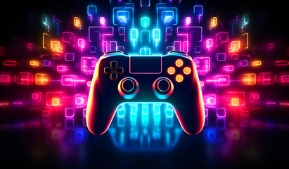 Modern gamepad with neon lights in background