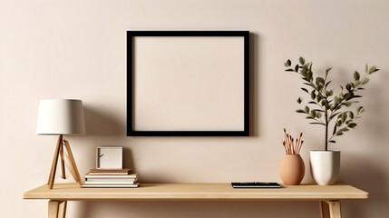 room with a table, Empty wooden picture frame mockup hanging on beige wall background. Modern interior concept.