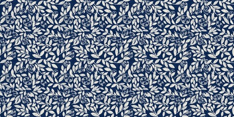 Masculine indigo floral blockprint linen seamless border. All over print of navy blue cotton effect flower linocut fabric banner.