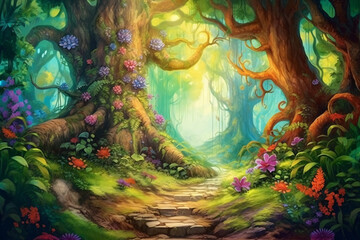 Fototapeta na wymiar Wonderful forest. Video Game's Digital CG Artwork, Concept Illustration, Realistic Cartoon Style Background