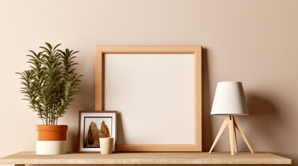 Fototapeta premium frames on the wall, Empty wooden picture frame mockup hanging on beige wall background. Modern interior concept.