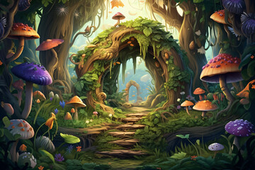 Fototapeta premium Wonderful magical forest. Video Game's Digital CG Artwork, Concept Illustration, Realistic Cartoon Style Background