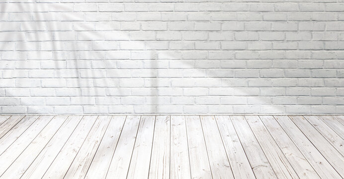MUR EN BRIQUES BLANCHES avec ombre et lumi&egrave;res et parquet en bois blanc