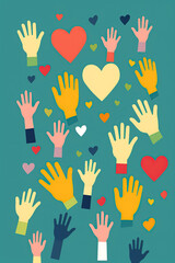 Charity illustration concept with raised hands and hearts. Community compassion, love, and support towards those in need.