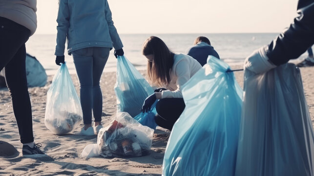 Volunteers collecting garbage from the beach. Generative AI