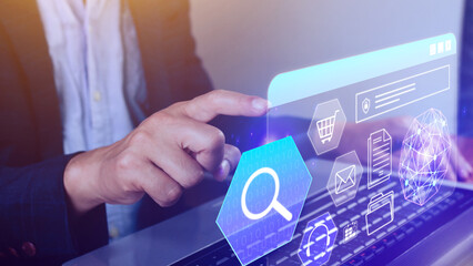 Hand touching of data search box information icon with Digital marketing internet advertising and sales increase business technology concept, online marketing, data analytics and Business online.