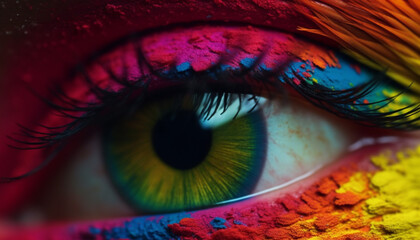 Vibrant colors of iris and eyelash in extreme close up portrait generated by AI