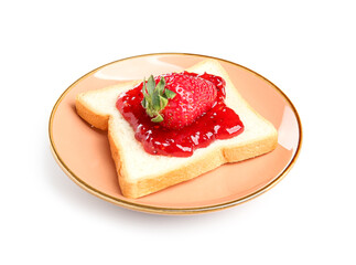Plate of toast with sweet strawberry jam on white background