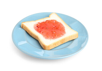 Plate of toast with tasty jam isolated on white background