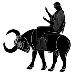 The Rape of Europa. Ancient Greek mythology. Beautiful woman riding a bull. God Zeus. Vase painting style. Black and white negative silhouette. © Olena