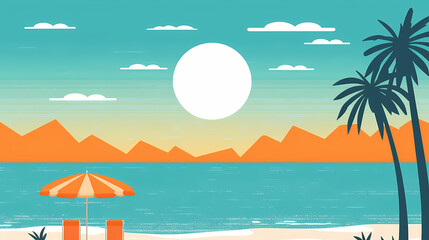 Fototapeta na wymiar Beautiful minimalistic and colorful flat illustration of a beach with an umbrella