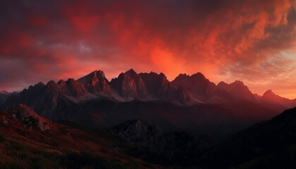 Naklejka na ściany i meble The majestic mountain peak silhouetted against the dramatic twilight sky generated by AI