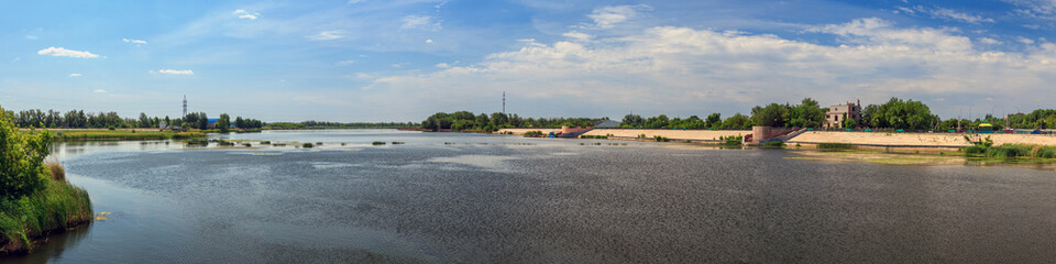 Panorama of the Tobol river in Kostanai, Kazakhstan.