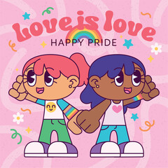 Cute lesbian couple holding hands Pride month Vector illustration
