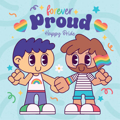 Cute chibi homosexual couple characters Proud month Vector illustration