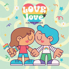 Cute homosexual couple kissing each other Proud month Vector illustration