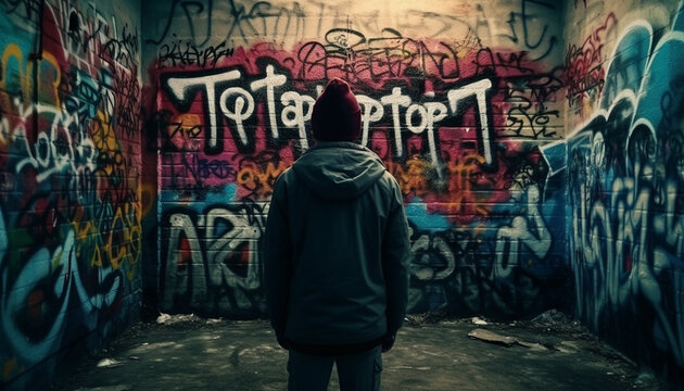 Hooded hooligan exercising rebellion through grunge street art vandalism generated by AI