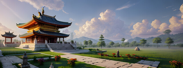 Panoramic temple landscape with scenic park and sky clouds