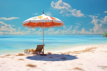 Playa desierta con una sombrilla blanca y roja y una tumbona debajo