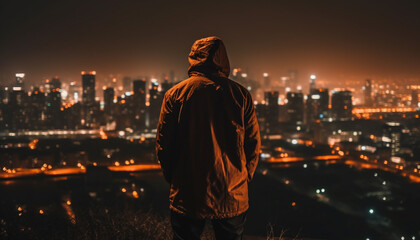 Fototapeta na wymiar A lone figure stands, hooded, gazing at the urban skyline generated by AI