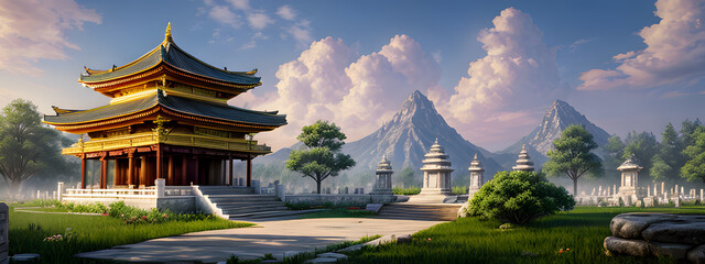 Panoramic temple landscape with scenic park and sky clouds