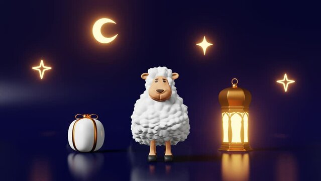 Dancing sheep Animal Sacrifice Islamic holidays advertising 3d animation Lamb Udhiya-Qurbani Ramadan, Raya Hari, Mawlid sale. Muslim festival Eid al Adha Crescent Lantern Generosity Almsgiving Charity