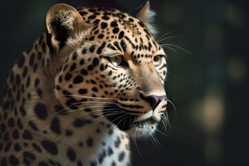 Fototapeta na wymiar Leopard in the wild, close-up portrait of a wild animal. Generative AI