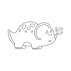 Hand drawn illustration vector graphic Kids drawing style funny cute green triceratops dinosaur with little butterfly in a cartoon style 