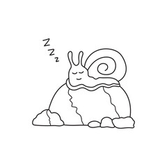 Hand drawn Illustration vector graphic Kids drawing style funny cute snail sleeping on a rock in a cartoon style