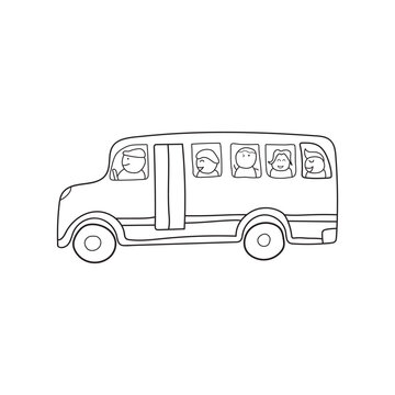 Hand drawn illustration vector graphic Kids drawing style funny cute yellow school bus with happy children in a cartoon style