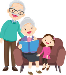 cute family sitting on sofa reading a book together