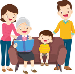 cute family sitting on sofa reading a book together